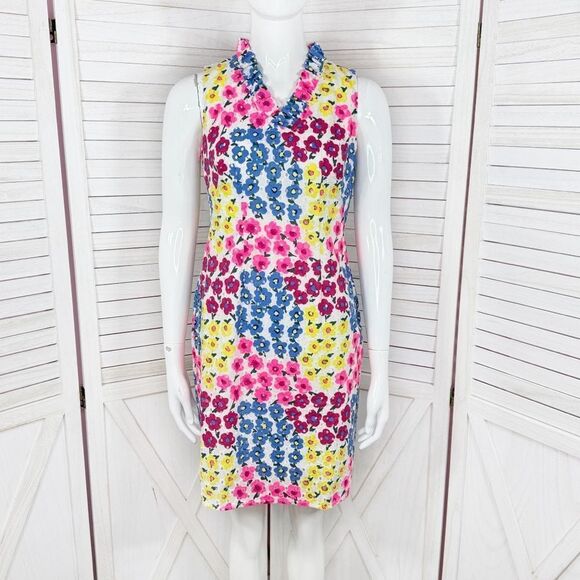 Talbots Petite Floral Eyelet Ruffle Trim Neck Sleeveless Dress White Multi 2P - Picture 1 of 15